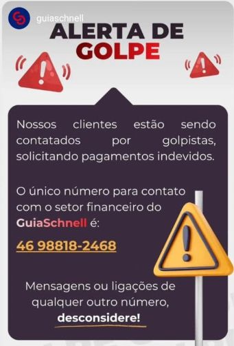 Alerta de golpe! Nossos clientes estão sendo contatados por golpistas, solicitando pagamentos indevidos.Único número para contato é (46) 9881-2468. Desconsidere qualquer outro.